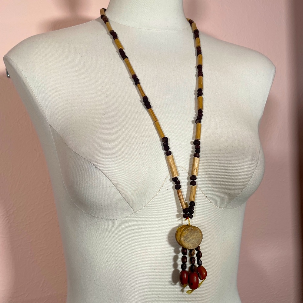 Vintage NATIVE AMERICAN Drum Southwestern Wooden Boho Festival Powwow Necklace